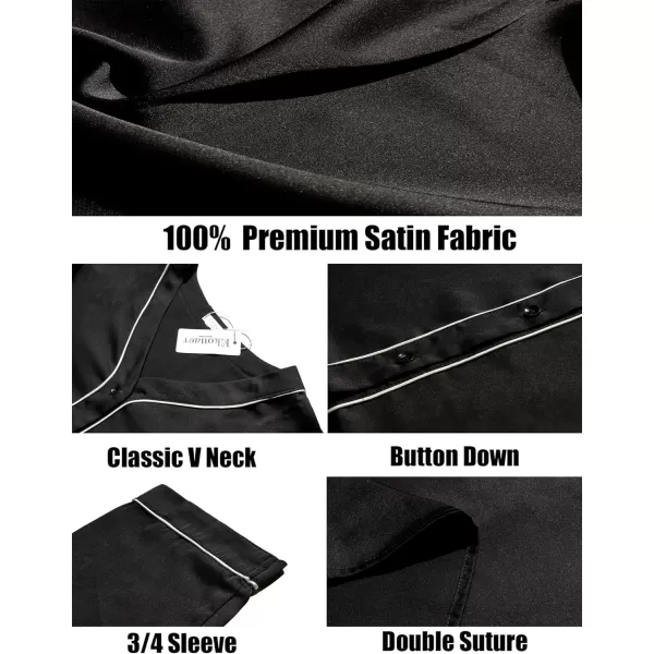imageEkouaer Satin Button Down Nightgown Women 34 Sleeve Silk Sleepshirt VNeck Boyfriend Nightshirt SXXLBlack