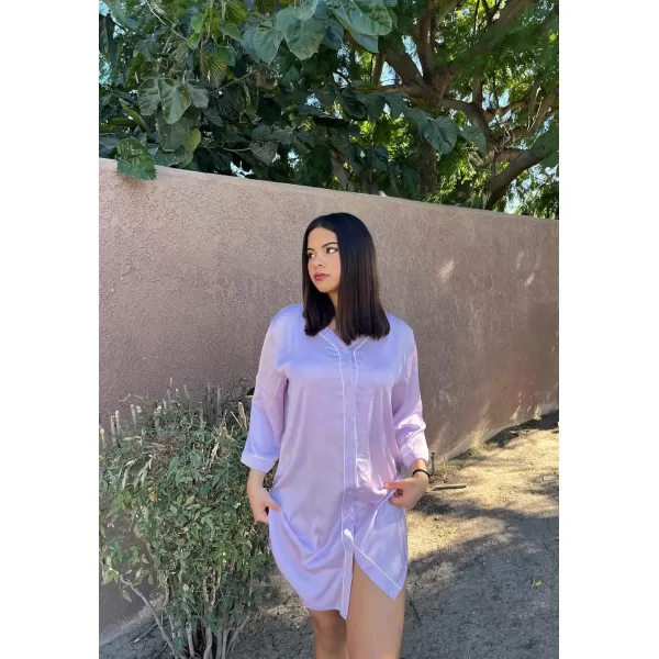 imageEkouaer Satin Button Down Nightgown Women 34 Sleeve Silk Sleepshirt VNeck Boyfriend Nightshirt SXXLLavender
