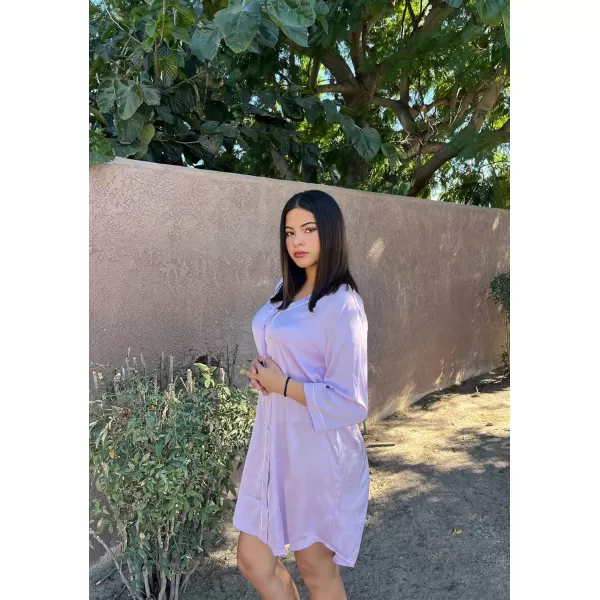 imageEkouaer Satin Button Down Nightgown Women 34 Sleeve Silk Sleepshirt VNeck Boyfriend Nightshirt SXXLLavender
