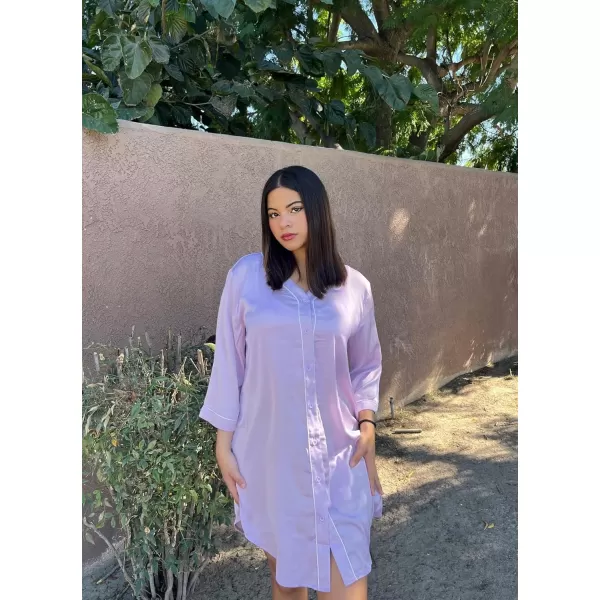 imageEkouaer Satin Button Down Nightgown Women 34 Sleeve Silk Sleepshirt VNeck Boyfriend Nightshirt SXXLLavender