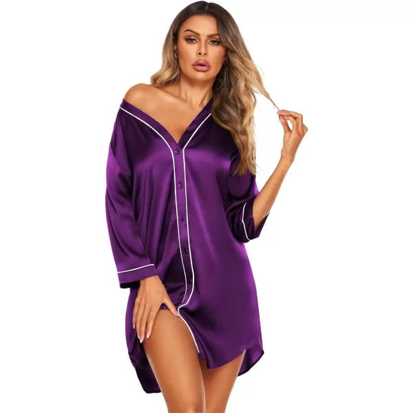 imageEkouaer Satin Button Down Nightgown Women 34 Sleeve Silk Sleepshirt VNeck Boyfriend Nightshirt SXXLPurple