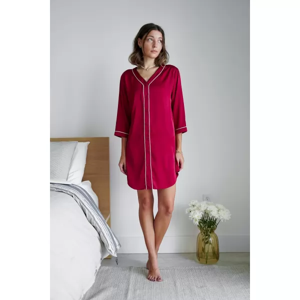 imageEkouaer Satin Button Down Nightgown Women 34 Sleeve Silk Sleepshirt VNeck Boyfriend Nightshirt SXXLWine Red