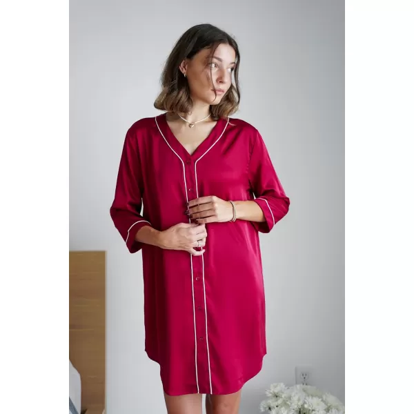 imageEkouaer Satin Button Down Nightgown Women 34 Sleeve Silk Sleepshirt VNeck Boyfriend Nightshirt SXXLWine Red