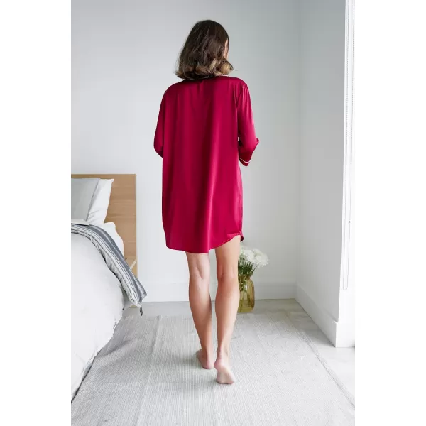 imageEkouaer Satin Button Down Nightgown Women 34 Sleeve Silk Sleepshirt VNeck Boyfriend Nightshirt SXXLWine Red