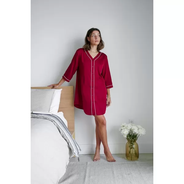 imageEkouaer Satin Button Down Nightgown Women 34 Sleeve Silk Sleepshirt VNeck Boyfriend Nightshirt SXXLWine Red