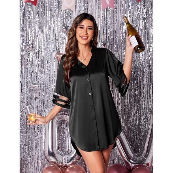 imageEkouaer Silk Nightgown for Woman Satin Womens Nightgown Pajamas Button Down Sleepshirt Sexy Night Shirts 34 Sleeve SXXLBlack