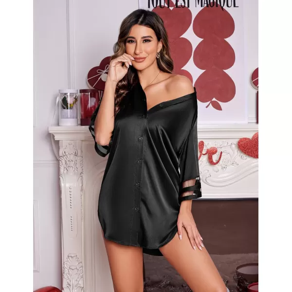 imageEkouaer Silk Nightgown for Woman Satin Womens Nightgown Pajamas Button Down Sleepshirt Sexy Night Shirts 34 Sleeve SXXLBlack