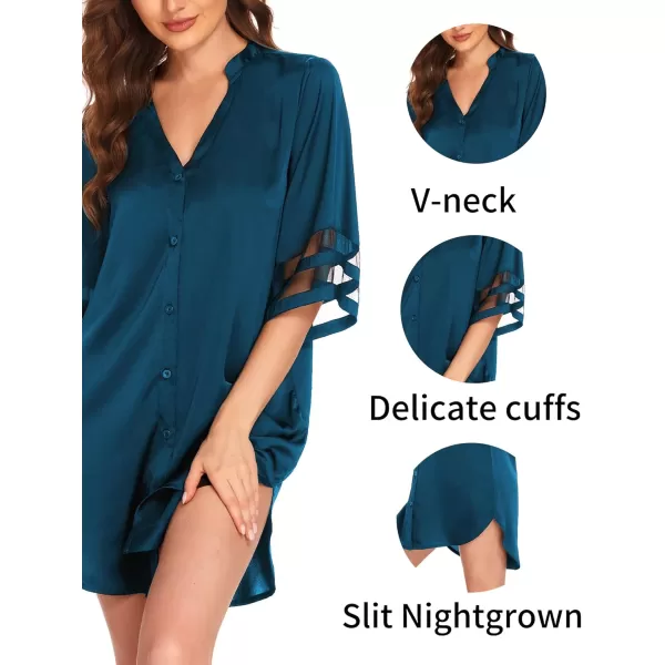 imageEkouaer Silk Nightgown for Woman Satin Womens Nightgown Pajamas Button Down Sleepshirt Sexy Night Shirts 34 Sleeve SXXLPeacock Blue