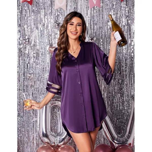 imageEkouaer Silk Nightgown for Woman Satin Womens Nightgown Pajamas Button Down Sleepshirt Sexy Night Shirts 34 Sleeve SXXLPurple