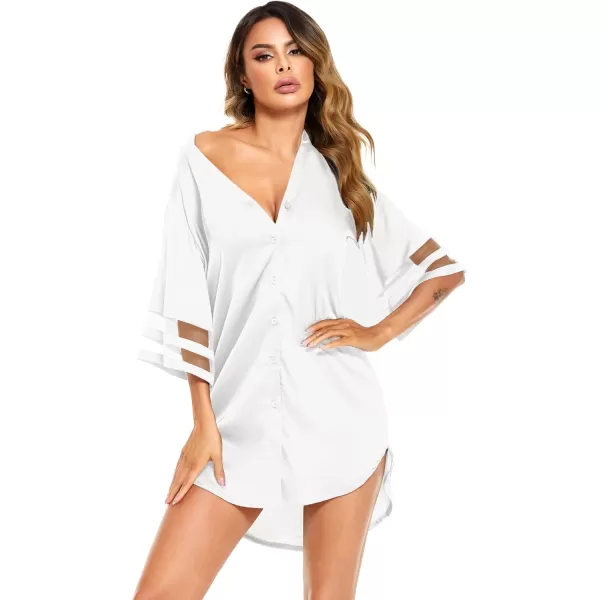 imageEkouaer Silk Nightgown for Woman Satin Womens Nightgown Pajamas Button Down Sleepshirt Sexy Night Shirts 34 Sleeve SXXLWhite