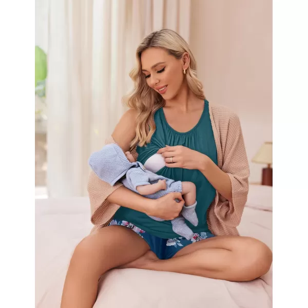 imageEkouaer Women Maternity Nursing Pajama Set Breastfeeding Double Layer Pregnancy Pjs Set Sleeveless Top ampamp Shorts with PocketsBfloral Green