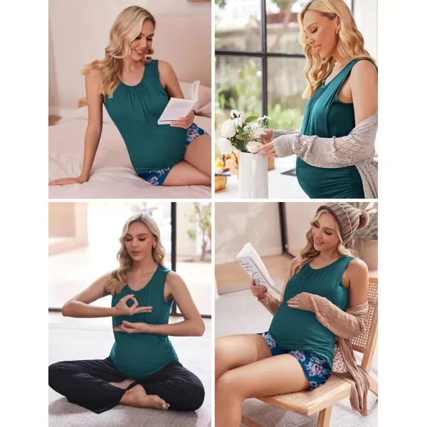 imageEkouaer Women Maternity Nursing Pajama Set Breastfeeding Double Layer Pregnancy Pjs Set Sleeveless Top ampamp Shorts with PocketsBfloral Green