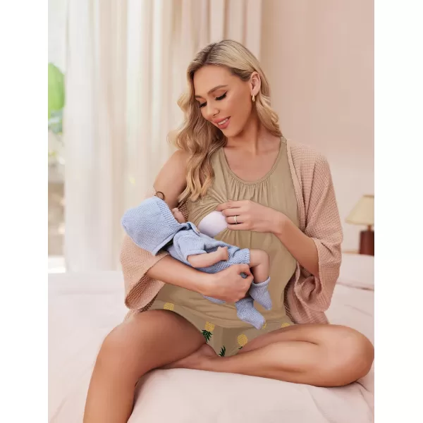 imageEkouaer Women Maternity Nursing Pajama Set Breastfeeding Double Layer Pregnancy Pjs Set Sleeveless Top ampamp Shorts with PocketsBfloral Khaki