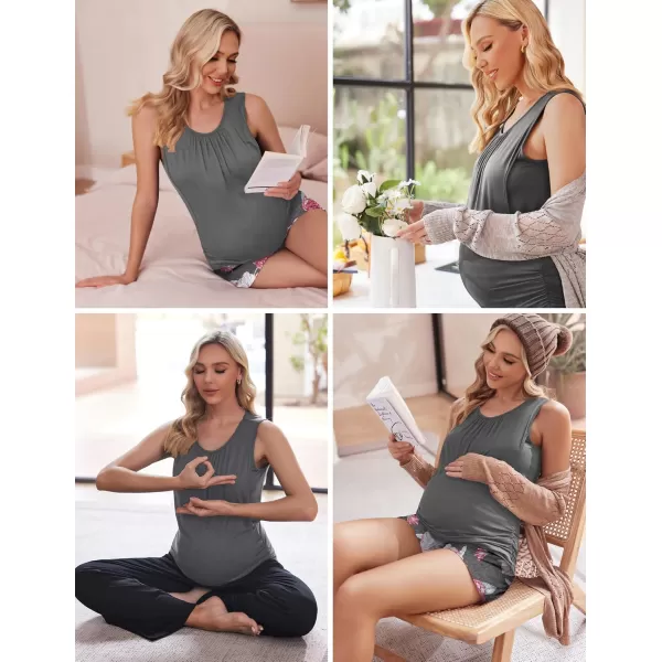 imageEkouaer Women Maternity Nursing Pajama Set Breastfeeding Double Layer Pregnancy Pjs Set Sleeveless Top ampamp Shorts with PocketsBflower Gray