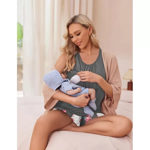 imageEkouaer Women Maternity Nursing Pajama Set Breastfeeding Double Layer Pregnancy Pjs Set Sleeveless Top ampamp Shorts with PocketsBflower Gray