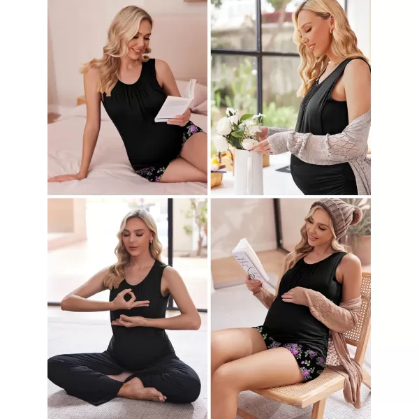 imageEkouaer Women Maternity Nursing Pajama Set Breastfeeding Double Layer Pregnancy Pjs Set Sleeveless Top ampamp Shorts with PocketsFloral Black