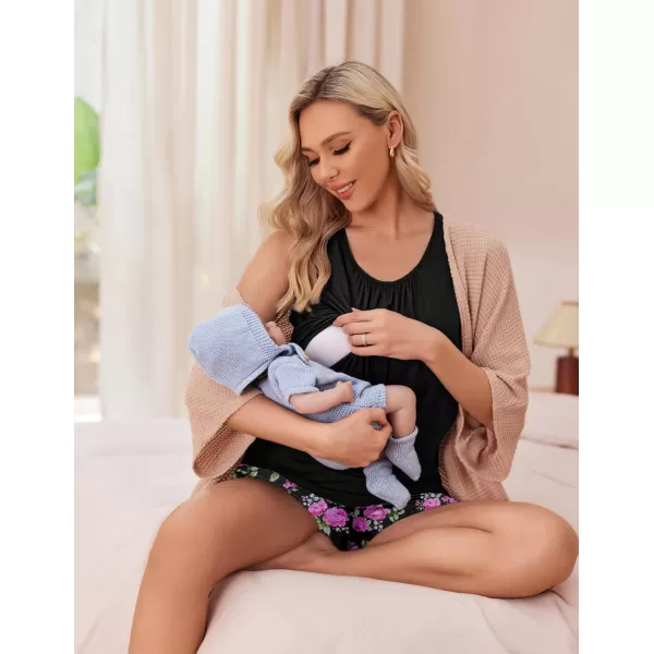 imageEkouaer Women Maternity Nursing Pajama Set Breastfeeding Double Layer Pregnancy Pjs Set Sleeveless Top ampamp Shorts with PocketsFloral Black