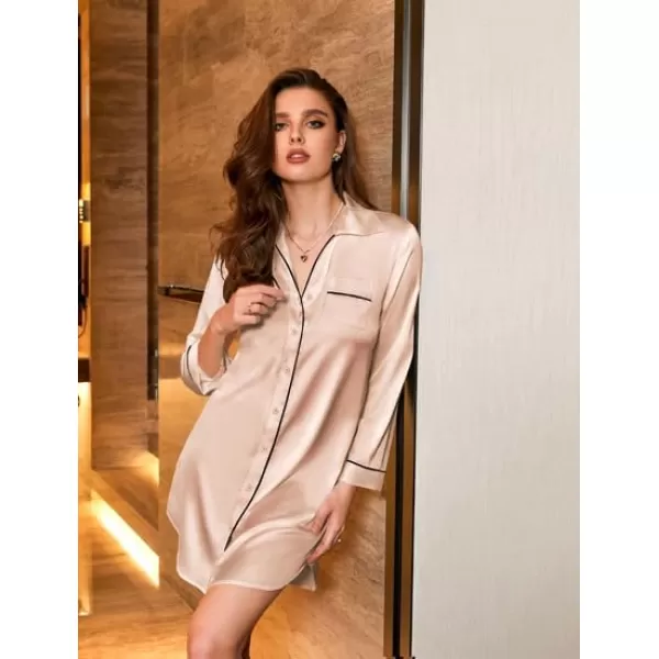 imageEkouaer Womens Boyfriend Style Satin Sleep ShirtsBeige