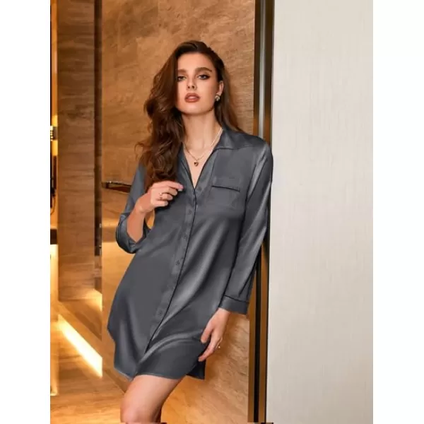 imageEkouaer Womens Boyfriend Style Satin Sleep ShirtsDeep Grey