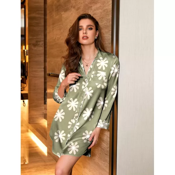 imageEkouaer Womens Boyfriend Style Satin Sleep ShirtsGreen Flower