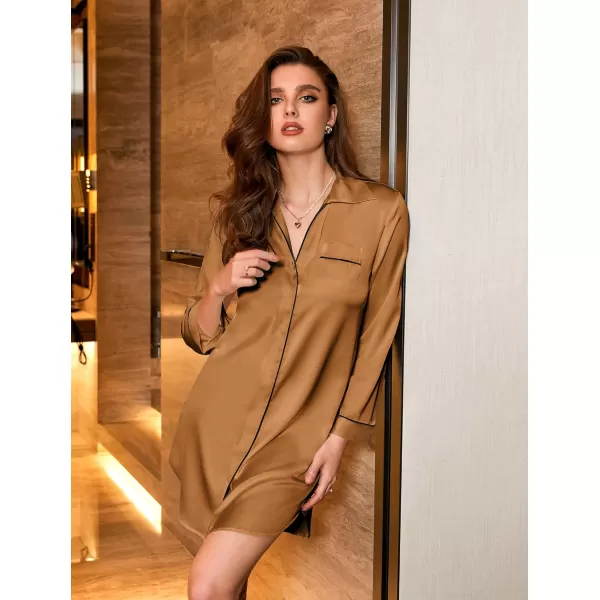 imageEkouaer Womens Boyfriend Style Satin Sleep ShirtsLight Brown