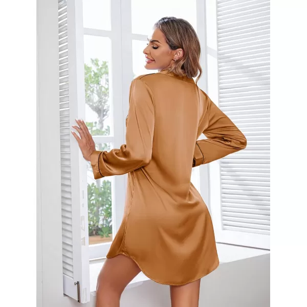 imageEkouaer Womens Boyfriend Style Satin Sleep ShirtsLight Brown