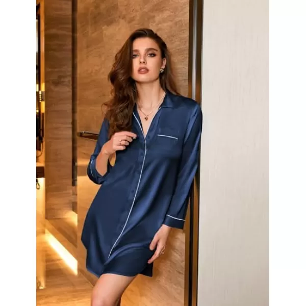 imageEkouaer Womens Boyfriend Style Satin Sleep ShirtsNavy Blue