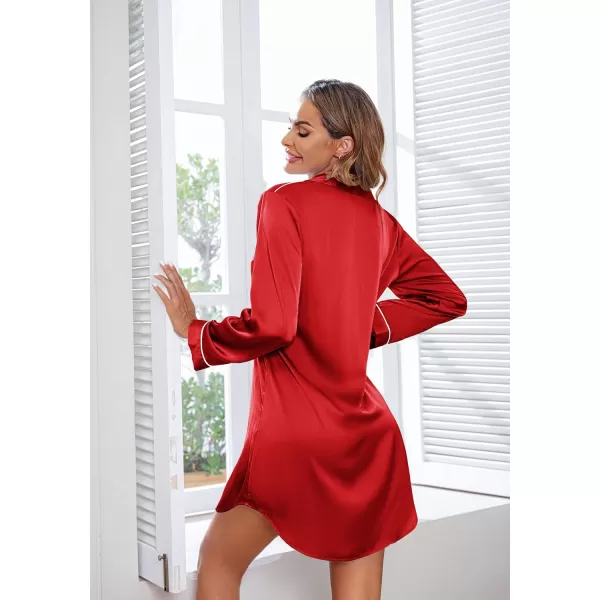 imageEkouaer Womens Boyfriend Style Satin Sleep ShirtsRed
