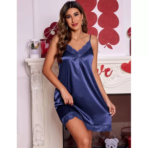 imageEkouaer Womens Nightgown Satin Nightgowns for Women Vneck Lace Chemise Sleepwear Soft Lingerie for WomenNavy Blue