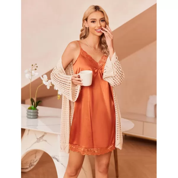 imageEkouaer Womens Nightgown Satin Nightgowns for Women Vneck Lace Chemise Sleepwear Soft Lingerie for WomenOrange Brown