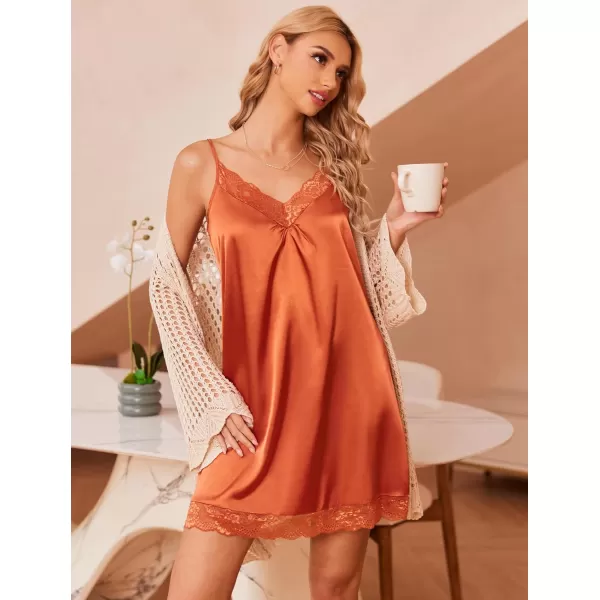 imageEkouaer Womens Nightgown Satin Nightgowns for Women Vneck Lace Chemise Sleepwear Soft Lingerie for WomenOrange Brown