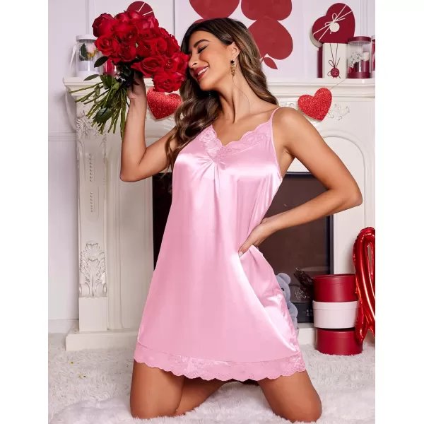 imageEkouaer Womens Nightgown Satin Nightgowns for Women Vneck Lace Chemise Sleepwear Soft Lingerie for WomenPink