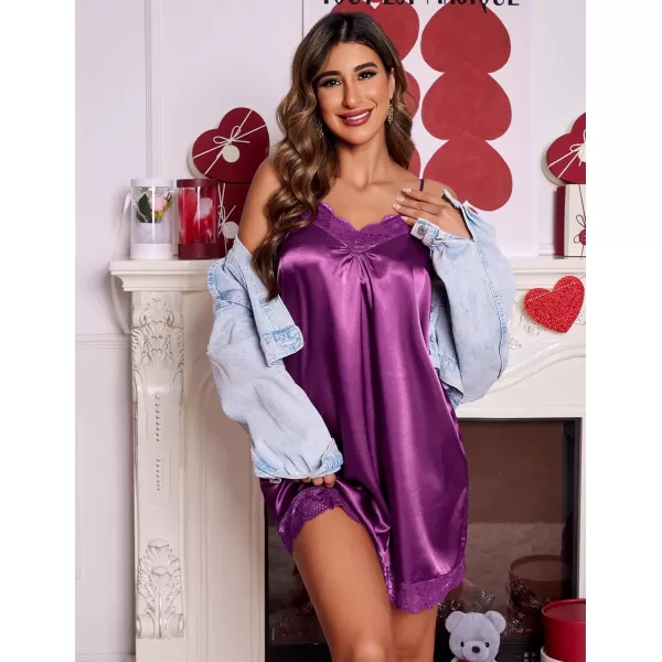 imageEkouaer Womens Nightgown Satin Nightgowns for Women Vneck Lace Chemise Sleepwear Soft Lingerie for WomenPurple