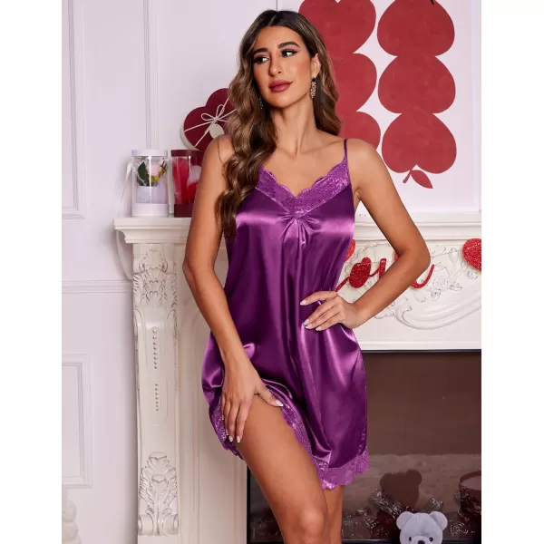 imageEkouaer Womens Nightgown Satin Nightgowns for Women Vneck Lace Chemise Sleepwear Soft Lingerie for WomenPurple