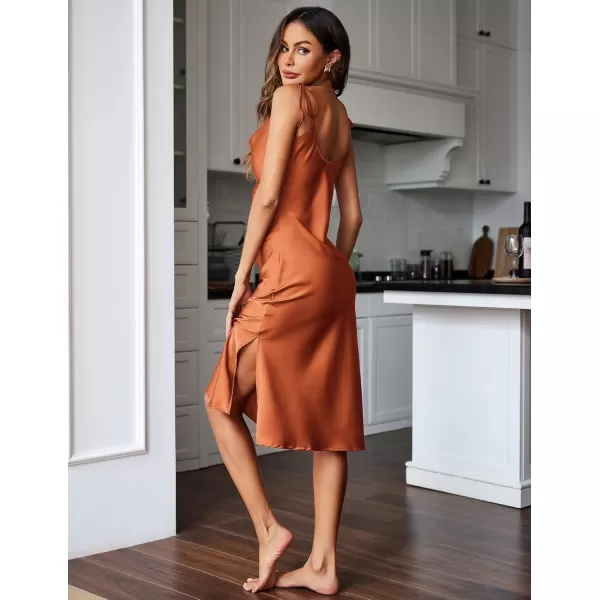 imageEkouaer Womens Nightgown Satin Slip Dress Sexy Lingerie Sleepwear Long Slip Silk Midi Dress Spaghetti Strap SXXLRust Brown