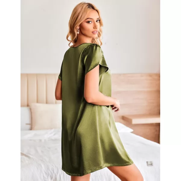 imageEkouaer Womens Satin Nightgown Short Sleeve Sleepdress VNeck Sleepwear Loose Silk SleepshirtArmy Green