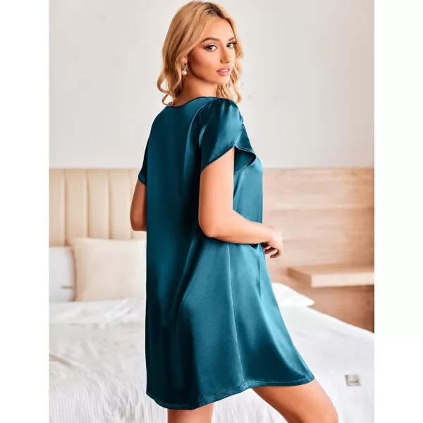 imageEkouaer Womens Satin Nightgown Short Sleeve Sleepdress VNeck Sleepwear Loose Silk SleepshirtBlue Green