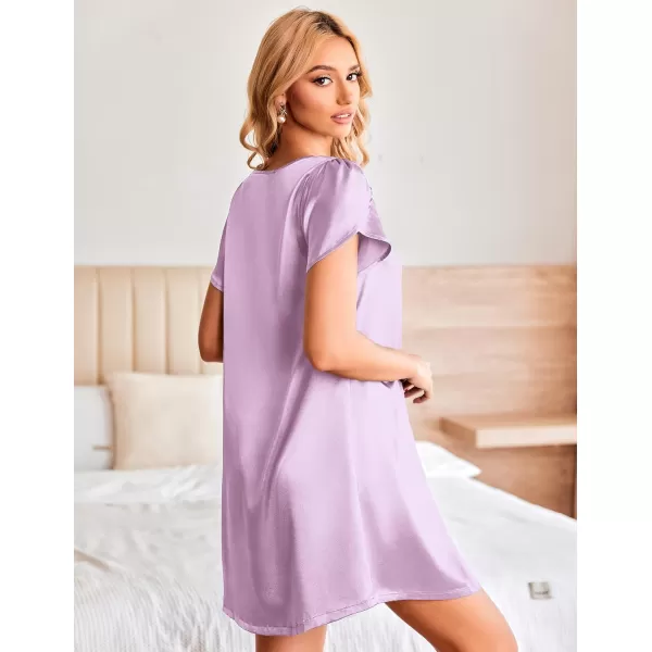 imageEkouaer Womens Satin Nightgown Short Sleeve Sleepdress VNeck Sleepwear Loose Silk SleepshirtLavender