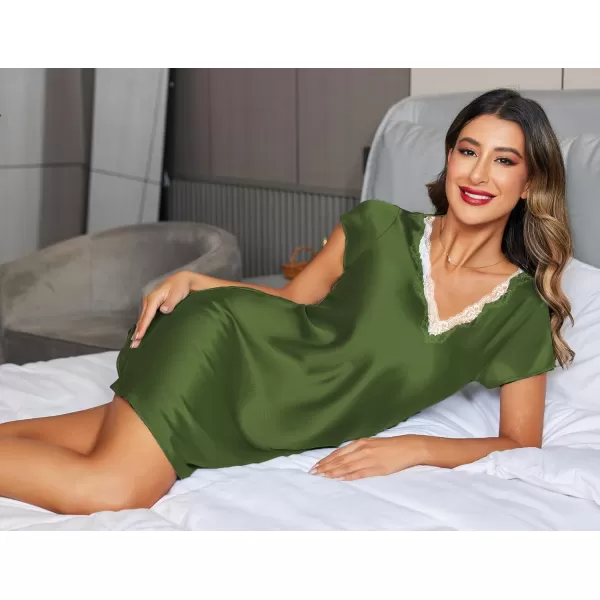 imageEkouaer Womens Satin Nightgown Sleepwear Lace V Neck Side Slits Nightie Short Sleeves NightshirtArmy Green