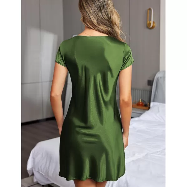 imageEkouaer Womens Satin Nightgown Sleepwear Lace V Neck Side Slits Nightie Short Sleeves NightshirtArmy Green