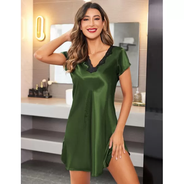 imageEkouaer Womens Satin Nightgown Sleepwear Lace V Neck Side Slits Nightie Short Sleeves NightshirtArmy Green