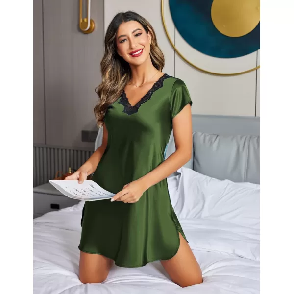 imageEkouaer Womens Satin Nightgown Sleepwear Lace V Neck Side Slits Nightie Short Sleeves NightshirtArmy Green