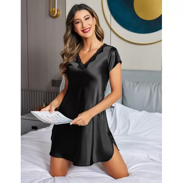 imageEkouaer Womens Satin Nightgown Sleepwear Lace V Neck Side Slits Nightie Short Sleeves NightshirtBlack