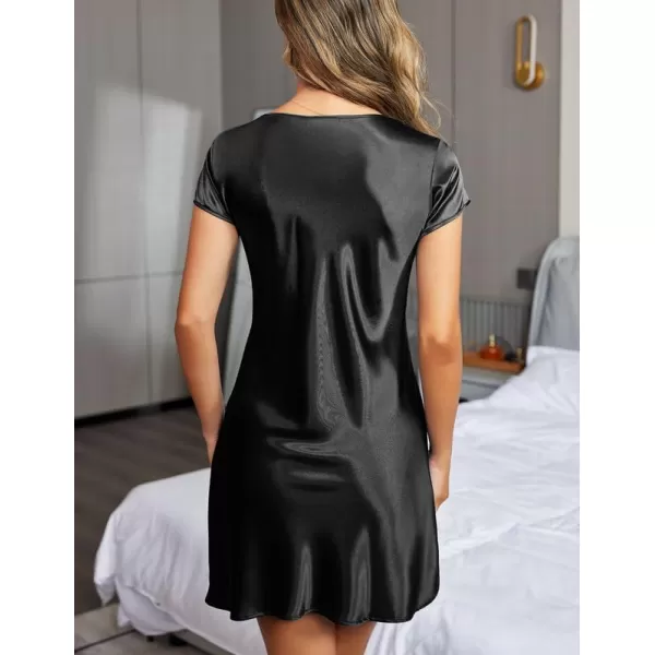 imageEkouaer Womens Satin Nightgown Sleepwear Lace V Neck Side Slits Nightie Short Sleeves NightshirtBlack