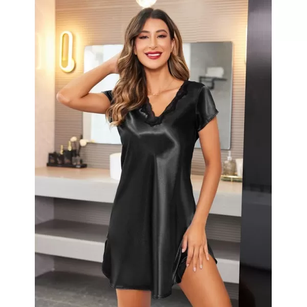 imageEkouaer Womens Satin Nightgown Sleepwear Lace V Neck Side Slits Nightie Short Sleeves NightshirtBlack