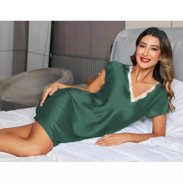 imageEkouaer Womens Satin Nightgown Sleepwear Lace V Neck Side Slits Nightie Short Sleeves NightshirtBlue Green