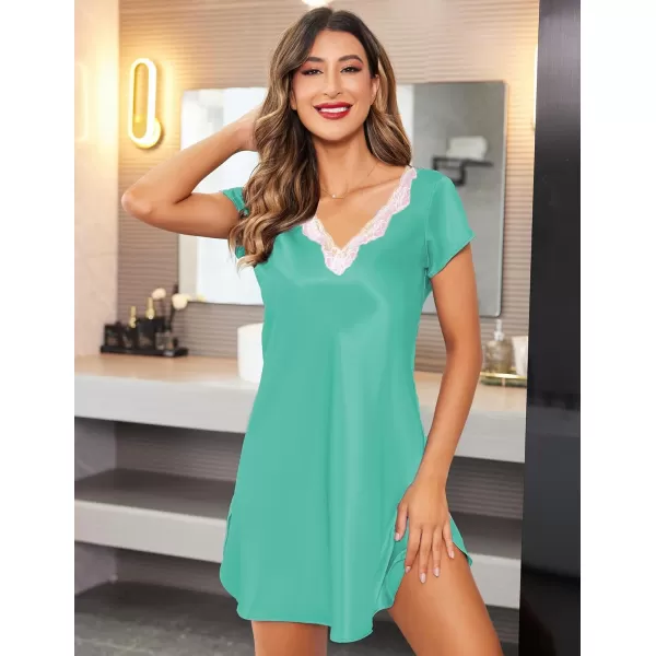 imageEkouaer Womens Satin Nightgown Sleepwear Lace V Neck Side Slits Nightie Short Sleeves NightshirtCeramic Green