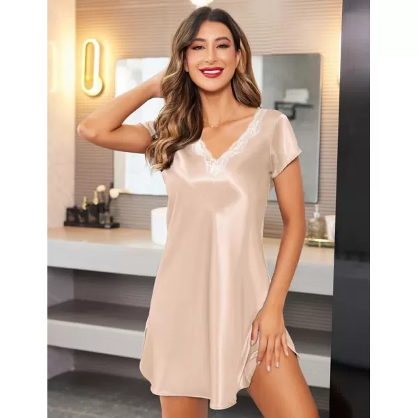 imageEkouaer Womens Satin Nightgown Sleepwear Lace V Neck Side Slits Nightie Short Sleeves NightshirtChampagne