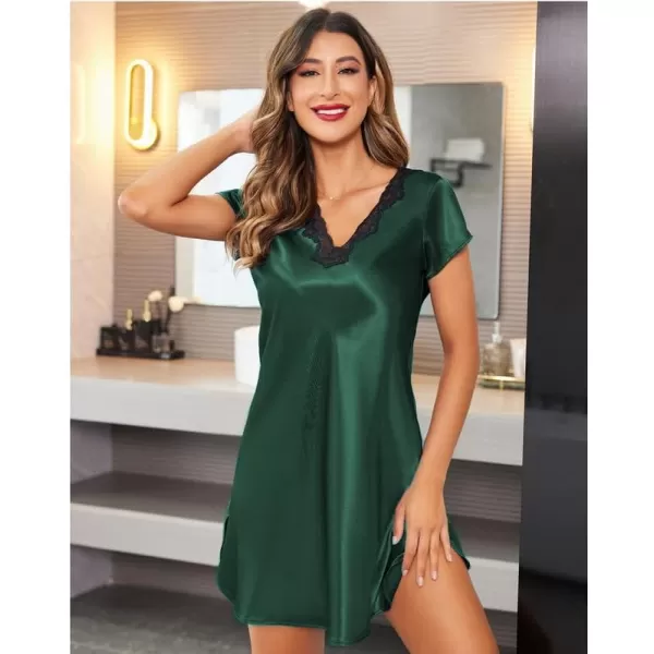 imageEkouaer Womens Satin Nightgown Sleepwear Lace V Neck Side Slits Nightie Short Sleeves NightshirtGreen