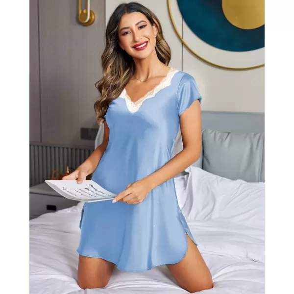 imageEkouaer Womens Satin Nightgown Sleepwear Lace V Neck Side Slits Nightie Short Sleeves NightshirtLight Blue